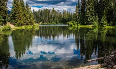 lake with trees around it and blue sky with clouds from Lightning Lake